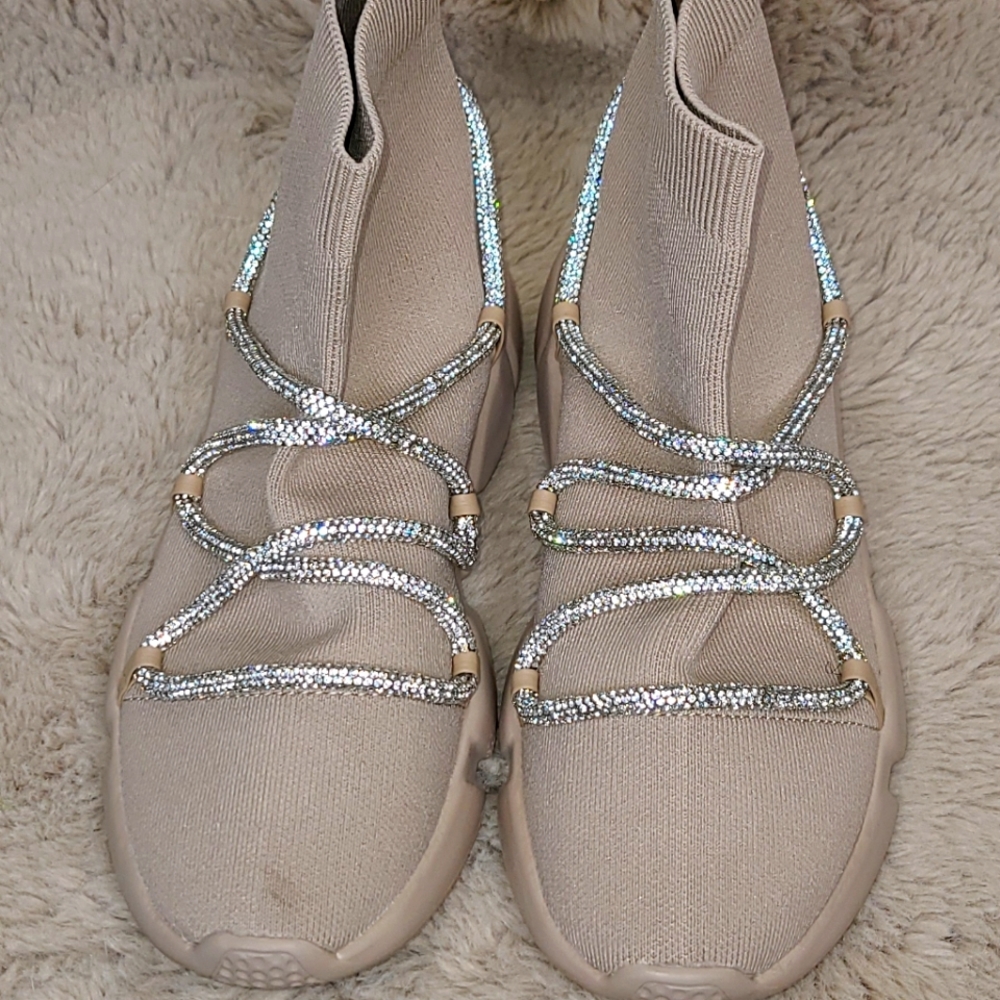 Akira, bedazzled nude knit sneakers, size 8